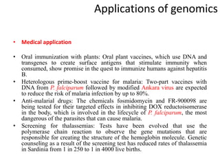 Applications of genomics
• Medical application
• Oral immunization with plants: Oral plant vaccines, which use DNA and
transgenes to create surface antigens that stimulate immunity when
consumed, show promise in the quest to immunize humans against hepatitis
B.
• Heterologous prime-boost vaccine for malaria: Two-part vaccines with
DNA from P. falciparum followed by modified Ankara virus are expected
to reduce the risk of malaria infection by up to 80%.
• Anti-malarial drugs: The chemicals fosmidomycin and FR-900098 are
being tested for their targeted effects in inhibiting DOX reductoisomerase
in the body, which is involved in the lifecycle of P. falciparum, the most
dangerous of the parasites that can cause malaria.
• Screening for thalassemias: Tests have been evolved that use the
polymerase chain reaction to observe the gene mutations that are
responsible for creating the structure of the hemoglobin molecule. Genetic
counseling as a result of the screening test has reduced rates of thalassemia
in Sardinia from 1 in 250 to 1 in 4000 live births.
 