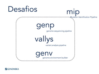 Desafios
genp
vallys
genv
mipMutation Identification Pipeline
genome sequencing pipeline
variant analysis pipeline
genome environment builder
 