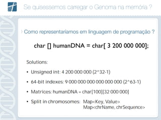 Se quisessemos carregar o Genoma na memória ?
Como representaríamos em linguagem de programação ?
char [] humanDNA = char[ 3 200 000 000];
 
