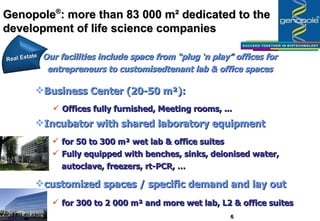 Our facilities include space  from  “plug ‘n play” offices for entrepreneurs to customisedtenant lab & office spaces for 50 to 300 m² wet lab & office suites Fully equipped with benches, sinks, deionised water, autoclave, freezers, rt-PCR, … Genopole ® :  more than 83 000 m² dedicated to the development of life science companies Incubator with shared laboratory equipment Offices fully furnished,  Meeting rooms, ...  Real Estate Business Center (20-50 m²): customized spaces / specific demand and lay out for 300 to 2 000 m² and more wet lab, L2 & office suites 