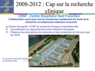 2008-2012 : Cap sur la recherche clinique CHSF - Centre Hospitalier Sud Francilien Collaboration ayant pour but de transformer rapidement les fruits de le recherche en traitements médicaux innovants Le Centre Genopole ® - CHSF de recherche clinique et translationnelle Concrétisation du rapprochement entre l’h ôpital et Genopole . Présence des laboratoires de recherche et des entreprises du site ainsi que de l’AFM Le centre de recherche clinique et translationnelle 