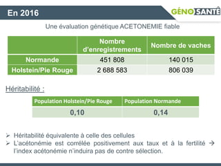 Une évaluation génétique ACETONEMIE fiable
Nombre
d’enregistrements
Nombre de vaches
Normande 451 808 140 015
Holstein/Pie Rouge 2 688 583 806 039
En 2016
Héritabilité :
Population Holstein/Pie Rouge Population Normande
0,10 0,14
 Héritabilité équivalente à celle des cellules
 L’acétonémie est corrélée positivement aux taux et à la fertilité 
l’index acétonémie n’induira pas de contre sélection.
 