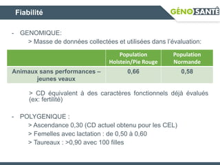 Fiabilité
- GENOMIQUE:
> Masse de données collectées et utilisées dans l’évaluation:
> CD équivalent à des caractères fonctionnels déjà évalués
(ex: fertilité)
- POLYGENIQUE :
> Ascendance 0,30 (CD actuel obtenu pour les CEL)
> Femelles avec lactation : de 0,50 à 0,60
> Taureaux : >0,90 avec 100 filles
Population
Holstein/Pie Rouge
Population
Normande
Animaux sans performances –
jeunes veaux
0,66 0,58
 