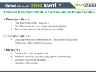 Qu’est ce que ?
Améliorer la compétitivité de la filière laitière par la Santé animale
> Consommateurs :
• Plus d’aliments santé, « naturels »
• Bien-être animal de + en + important / acte d’achat
• Recherche d’une sécurité alimentaire sans faille
> Transformateurs :
• Mieux répondre aux consommateurs – fidéliser les débouchés
• Différencier la filière laitière française
> Eleveurs :
• Diminuer les coûts de production
• Améliorer le confort de travail et le besoin d’intervention
• Sécuriser la santé du troupeau
• Sélection et Prévention
 