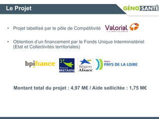 Le Projet
• Projet labellisé par le pôle de Compétitivité
• Obtention d’un financement par le Fonds Unique Interministériel
(Etat et Collectivités territoriales)
Montant total du projet : 4,97 M€ / Aide sollicitée : 1,75 M€
 