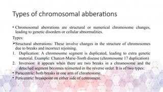 Types of chromosomal abberations
• Chromosomal aberrations are structural or numerical chromosome changes,
leading to genetic disorders or cellular abnormalities.
Types:
Structural aberrations: These involve changes in the structure of chromosomes
due to breaks and incorrect rejoining.
1. Duplication: A chromosome segment is duplicated, leading to extra genetic
material. Example: Charcot-Marie-Tooth disease (chromosome 17 duplication)
2. Inversion: it appears when there are two breaks in a chromosome and the
detached segment becomes reinserted in the reverse order. It is of two types:
• Paracentric: both breaks in one arm of chromosome.
• Pericentric: breakpoint on either side of centromere.
 