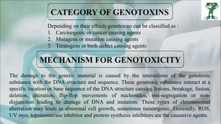 Depending on their effects genotoxins can be classified as :
1. Carcinogenic or cancer causing agents
2. Mutagens or mutation causing agents
3. Teratogens or birth defect causing agents
The damage to the genetic material is caused by the interactions of the genotoxic
substance with the DNA structure and sequence. These genotoxic substance interact at a
specific location or base sequence of the DNA structure causing lesions, breakage, fusion,
deletion, alteration, flip-flop movements of nucleotides, mis-segregation or non-
disjunction leading to damage of DNA and mutation. These types of chromosomal
aberration may leads to abnormal cell growth, sometimes tumorigenic. Generally, ROS,
UV rays, topoisomerase inhibitor and protein synthesis inhibitors are the causative agents.
 