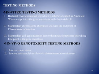 TESTING METHODS
IN-VITRO TESTING METHODS
I. Bacterial reverse mutation test which is otherwise called as Ames test
Whose ...