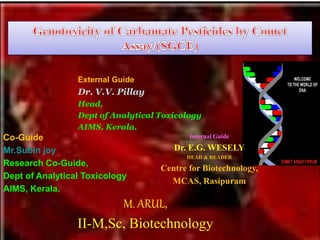 Internal Guide
Dr. E.G. WESELY
HEAD & READER
Centre for Biotechnology,
MCAS, Rasipuram
Co-Guide
Mr.Subin joy
Research Co-Guide,
Dept of Analytical Toxicology
AIMS, Kerala.
M. ARUL,
II-M,Sc, Biotechnology
External Guide
Dr. V.V. Pillay
Head,
Dept of Analytical Toxicology
AIMS, Kerala.
 