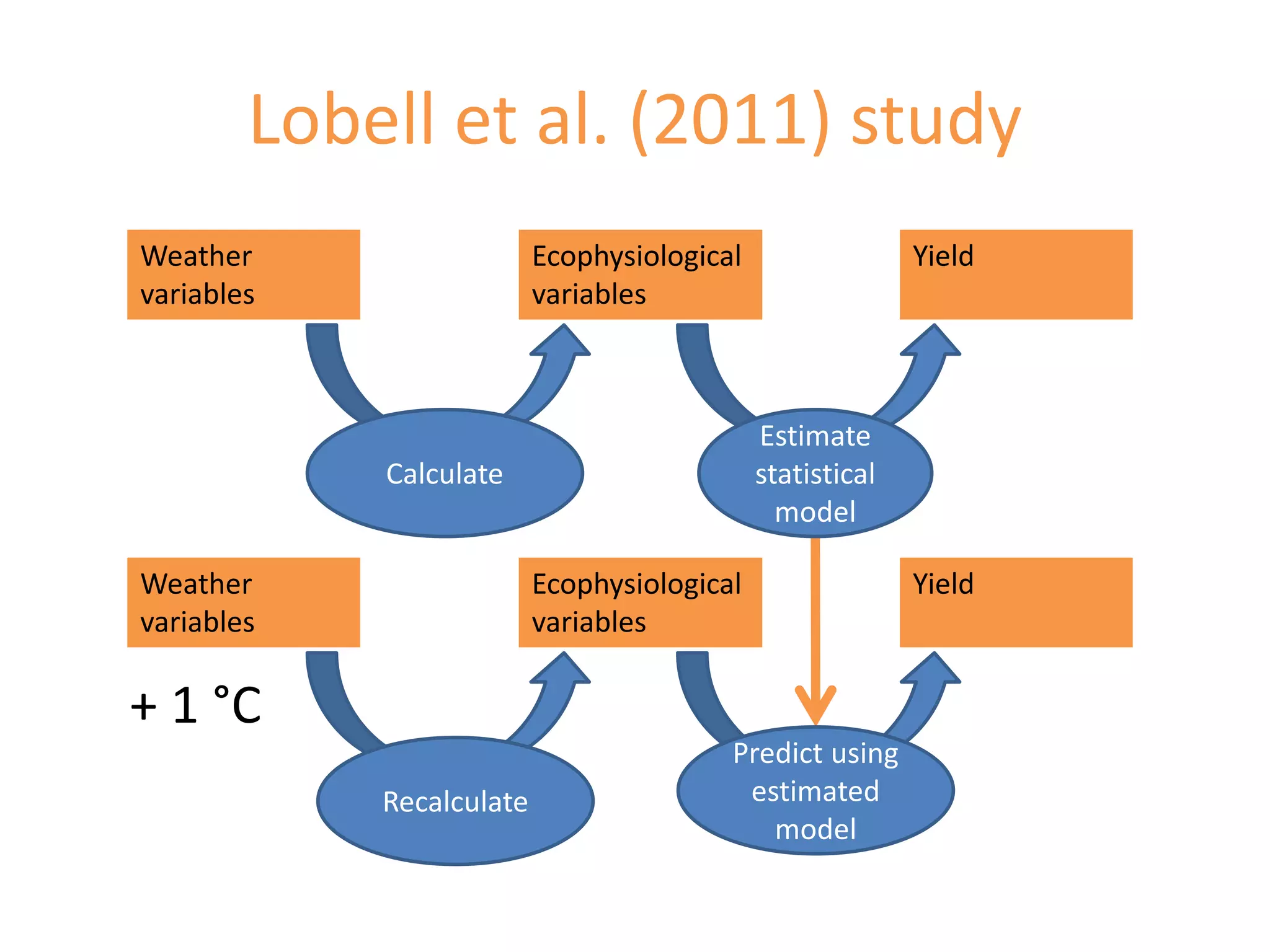 Lobell et al. (2011) study
Weather                   Ecophysiological                 Yield
variables                 variables



                                             Estimate
            Calculate                        statistical
                                               model

Weather                   Ecophysiological                 Yield
variables                 variables

+ 1 °C
                                         Predict using
            Recalculate                   estimated
                                            model
 