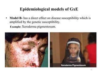 Epidemiological models of GxE
• Model B- has a direct effect on disease susceptibility which is
amplified by the genetic susceptibility.
Example: Xeroderma pigmentosum.
11
 