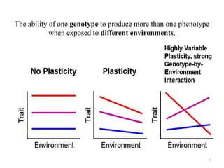 The ability of one genotype to produce more than one phenotype
when exposed to different environments.
7
 