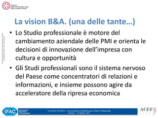 © ACEF Associazione Culturale Economia e Finanza
Riproduzione vietata - Tutti i diritti riservati

La vision B&A. (una delle tante…)
• Lo Studio professionale è motore del
cambiamento aziendale delle PMI e orienta le
decisioni di innovazione dell’impresa con
cultura e opportunità
• Gli Studi professionali sono il sistema nervoso
del Paese come concentratori di relazioni e
informazioni, e insieme possono agire da
acceleratore della ripresa economica
Tour ACEF 2013/2014 – Comunicazione e Marketing per lo Studio Professionale
Genova – 15 ottobre 2013

 
