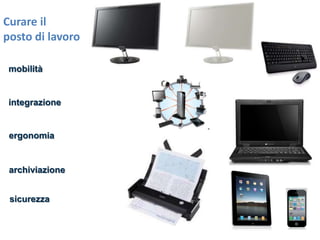 Curare il
posto di lavoro
mobilità

integrazione

ergonomia

archiviazione
sicurezza

 