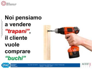 © ACEF Associazione Culturale Economia e Finanza
Riproduzione vietata - Tutti i diritti riservati

Noi pensiamo
a vendere
“trapani”,
il cliente
vuole
comprare
“buchi”
Tour ACEF 2013/2014 – Comunicazione e Marketing per lo Studio Professionale
Genova – 15 ottobre 2013

 