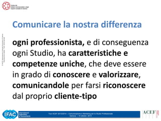 © ACEF Associazione Culturale Economia e Finanza
Riproduzione vietata - Tutti i diritti riservati

Comunicare la nostra differenza
ogni professionista, e di conseguenza
ogni Studio, ha caratteristiche e
competenze uniche, che deve essere
in grado di conoscere e valorizzare,
comunicandole per farsi riconoscere
dal proprio cliente-tipo
Tour ACEF 2013/2014 – Comunicazione e Marketing per lo Studio Professionale
Genova – 15 ottobre 2013

 