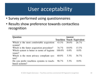 © 2015 Angelo Genovese – Touchless and less-constrained 3D fingerprint recognition
User acceptability
• Survey performed using questionnaires
• Results show preference towards contactless
recognition
39
 