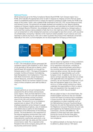 30
Redressal Process
All the grievances go to the Policy Compliance Review Board (PCRB). Each Genpact region has a
PCRB, which decides the appropriate action to take in response to integrity concerns that are raised
where no established response exists or where the regional Compliance Leader wishes the PCRB to be
aware of the matter. There is also a global PCRB comprised of the CEO, CFO, Human Resources head,
and General Counsel. The grievances are largely reviewed and resolved via mail. Reports detailing
violations of Genpact integrity policies are prepared quarterly, and submitted to the Audit Committee
of the Genpact Board of Directors. Any employee who has a question relating to a Genpact policy, is
concerned that a policy is being violated or feels that he or she might be a victim of a policy violation
such as harassment or unfair employment practices is encouraged to raise that concern, with assurance
of confidentiality / anonymity, if desired, to the maximum extent possible. If such instances are to be
reported or cited at any forum, then care is taken to protect the privacy of the individuals concerned -
especially of the victim, so that employees are not discouraged from bringing up these issues.
Integrity and Ombuds data
In 2011, the ombudsman process generated 281
complaints against 328 complaints in 2010. Most
of the decrease of 49 was due to Mexico, which
had 40 fewer HR complaints run through the
Ombuds system in 2011. The types of complaints
included; Conflicts of Interest, Controllership,
Data Manipulation, Fair Employment, IT Security,
Safe Work Environment, Sexual Harassment,
Human Resources, and other miscellaneous
complaints. We do not maintain statistics on how
many of these complaints were well founded or
not.
Compliance
Genpact performs an annual Compliance Risk
assessment for all its entities and businesses
across regions. There are three elements to the
risk assessment; the first is the self assessment
done by the businesses and key functional
areas on the risks and controls deployed in
their areas. The second is to run a compliance
questionnaire on about 10% of the total
employee population across Genpact to gauge
their understanding of policies, view of violations
and related areas as well as to test employee
perceptions of the effectiveness of the Ombuds
process. The third element is the assessment of
the external regulatory environment that could
impact Genpact’s business. An assessment on
these elements is performed, post which a risk
assessment with high risk areas and their control
environment is rated. This is reported to the
President/ CEO of the Company along with the
key business and function owners.
We are subject to regulation in many jurisdictions
around the world as a result of the complexity
of our operations and services, including at
the federal, state and local level, particularly in
the countries where we have operations and
where we deliver services. We are also subject
to regulation by regional bodies such as the
European Union. In addition, the terms of our
service contracts typically require that we comply
with applicable laws and regulations. In some
contracts, we are required to comply even if such
laws and regulations apply to our clients, but
not to us. In other service contracts our clients
undertake the responsibility to inform us about
laws and regulations that may apply to us in
jurisdictions in which they are located.
We are subject to laws in the United States, the
United Kingdom and the EU that are intended
to limit the impact of outsourcing on employees
in those countries. We are also subject to laws
and regulations on direct marketing, such as
the Telemarketing Consumer Fraud and Abuse
Prevention Act and the Telemarketing Sales Rule,
the Telephone Consumer Protection Act and rules
promulgated by the Federal Communications
Commission, and the CAN-SPAM Act. No
violations to these laws have been reported.
During the course of the last three years,
Genpact has not paid any material fines for
non-compliance.
For additional details on the laws that we need
to adhere to, please read our 10K report.
Assign
Review Team
• Legal
• Audit
• Management
• HR
Conduct
Investigations
• Scope review
• Determine facts
• Assess ﬁndings
Determine
actions
• Discipline
• Corrective action
• Routine
& controls
Improve
processes
• Trainings
• Communication
Systems
Provide
feedback
• Close-outwith
reporting
employee
 
