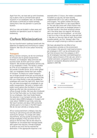 61
Genpact Sustainability Report 2011
Apart from this, we have tied up with Growtrees.
org to plant a tree to commemorate special
occasions in our employees’ lives. An employee
will receive a certificate on his/her birthday
stating that a tree was planted in a particular
location.
All of our sites are located in urban areas and
therefore our operations cause no impact on
biodiversity.
Carbon Minimization
Our eco transformation roadmap started with the
objective of mapping and minimizing our carbon
footprint. We now aim to be carbon neutral by
2021.
Transport
Being a services company, we do not contribute
to emissions due to goods transportation.
However, our employees’ daily commute and
business travel, do form part of our carbon
footprint. We provide transportation services only
to our employees in India. This facility is availed
by 37% of our employees in India. In China,
we provide a shuttle service. At our other global
sites, our employees choose their own modes
of transport. To reduce our carbon footprint,
we no longer provide home pick up and drop at
night and point pick up and drop during the day.
Pick up or drop facility is now only available for
employees who work the night shift. Apart from
this, we have encouraged our employees to use
public transportation. We work in tandem with
public transit options like the Metro is Gurgaon
where we offer last mile connectivity to our
offices through shuttles. We have also introduced
the Car Pool Tool under our Go Green Initiative
for our employees. (See Case Study) Despite
the reduction in our transport services, we still
transport about 6000 employees in Gurgaon and
cover about 160000 km pan India, every day.
We have 9 vendors and about 300 contracted
vehicles paid on a km basis in the NCR region.
We do not own vehicles or employ drivers.
All our outsourced drivers undergo a two day
training on safe driving and soft skills before
working for Genpact. To comply with safety
requirements, security guards accompany our
female employees if they are either the first
pickup or the last drop. We are also about to
implement an sms-based (text message based)
alert system that requires a female employee
to send an sms once she has reached her
destination. If the appropriate response is not
received within 2.5 hours, the matter is escalated.
To bolster our security, we have recently
implemented GPS in our cabs in Hyderabad
and Gurgaon. This system notifies the security
team with a Speed Alert if a cab crosses 80km/
hr. The cabs also come with a Panic Button that
generates an alert when an employee presses it.
This then results in the driver receiving a phone
call. If the driver does not respond, the security
team can resort to the Immobiliser – an sms that
is sent to a chip in the cab that can stop and start
it. We also run Security Cabs at night, that similar
to police patrols, can fine Genpact cabs if the
drivers are caught smoking or without a seat-belt.
We have calculated the net effect of our
transportation activities on the environment.
The increase in the ground / road travel emissions
per employee in 2011 can be attributed to the
fact that emissions from this category in 2011
for all employees have been estimated based on
the per capita emissions of the cab user, which is
a better estimation compared to the estimation
based on conveyance allowance which was
applied in 2007-08.
0
0.2
0.4
0.6
0.8
1 0.921
0.702
0.867
0.475
tCO2eq/employee/Year
2007-08 2011
Air travel emissions/employee/year
Road travel emissions/employee/year
 