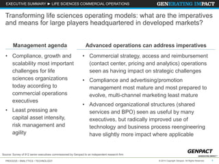 EXECUTIVE SUMMARY ► LIFE SCIENCES COMMERCIAL OPERATIONS 
Transforming life sciences operating models: what are the imperatives 
and means for large players headquartered in developed markets? 
Management agenda 
• Compliance, growth and 
scalability most important 
challenges for life 
sciences organizations 
today according to 
commercial operations 
executives 
• Least pressing are 
capital asset intensity, 
risk management and 
agility 
Advanced operations can address imperatives 
• Commercial strategy, access and reimbursement 
(contact center, pricing and analytics) operations 
seen as having impact on strategic challenges 
• Compliance and advertising/promotion 
management most mature and most prepared to 
evolve, multi-channel marketing least mature 
• Advanced organizational structures (shared 
services and BPO) seen as useful by many 
executives, but radically improved use of 
technology and business process reengineering 
have slightly more impact where applicable 
Source: Survey of 912 senior executives commissioned by Genpact to an independent research firm 
PROCESS • ANALYTICS • TECHNOLOGY © 2014 Copyright Genpact. All Rights Reserved. 4 
 
