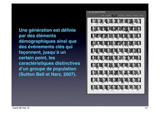 Une génération est déﬁnie
par des éléments
démographiques ainsi que
des événements clés qui
façonnent, jusqu’à un
certain point, les
caractéristiques distinctives
d’un groupe de population
(Sutton Bell et Narz, 2007).
13mardi 28 mai 13
 