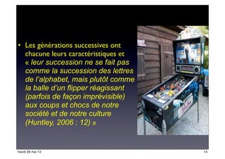 • Les générations successives ont
chacune leurs caractéristiques et
« leur succession ne se fait pas
comme la succession des lettres
de l’alphabet, mais plutôt comme
la balle d’un flipper réagissant
(parfois de façon imprévisible)
aux coups et chocs de notre
société et de notre culture
(Huntley, 2006 : 12) »
14mardi 28 mai 13
 