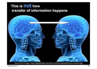 Source	
  de	
  l’image:	
  h$p://agiledudes.com/wp-­‐content/uploads/brain-­‐transfer.jpg
55mardi 28 mai 13
 