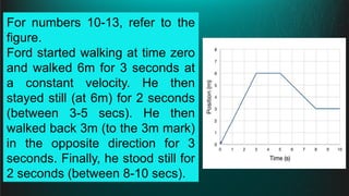 For numbers 10-13, refer to the
figure.
Ford started walking at time zero
and walked 6m for 3 seconds at
a constant velocity. He then
stayed still (at 6m) for 2 seconds
(between 3-5 secs). He then
walked back 3m (to the 3m mark)
in the opposite direction for 3
seconds. Finally, he stood still for
2 seconds (between 8-10 secs).
 