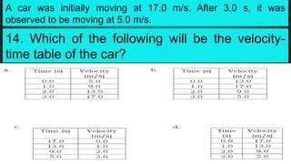 A car was initially moving at 17.0 m/s. After 3.0 s, it was
observed to be moving at 5.0 m/s.
14. Which of the following will be the velocity-
time table of the car?
 