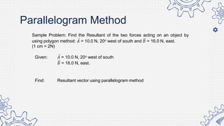 Parallelogram Method
Sample Problem: Find the Resultant of the two forces acting on an object by
using polygon method: 𝐴 = 10.0 N, 20o west of south and 𝐵 = 16.0 N, east.
(1 cm = 2N)
Given: 𝐴 = 10.0 N, 20o west of south
𝐵 = 16.0 N, east.
Find: Resultant vector using parallelogram method
 