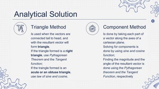 Analytical Solution
Is done by taking each part of
a vector along the axes of a
cartesian plane.
Solving for components is
done by using sine and cosine
function;
Finding the magnitude and the
angle of the resultant vector is
done using the Pythagorean
theorem and the Tangent
Function, respectively
Is used when the vectors are
connected tail to head, and
with the resultant vector will
form triangle.
If the triangle formed is a right
triangle, use Pythagorean
Theorem and the Tangent
function;
If the traingle formed is an
acute or an obtuse triangle,
use law of sine and cosine.
Triangle Method Component Method
 