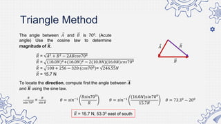 The angle between 𝐴 and 𝐵 is 700. (Acute
angle) Use the cosine law to determine
magnitude of 𝑹.
𝑅 = 𝐴2 + 𝐵2 − 2𝐴𝐵𝑐𝑜𝑠700
𝑅 = (10.0𝑁)2+(16.0𝑁)2 − 2(10.0𝑁)(16.0𝑁)𝑐𝑜𝑠700
𝑅 = 100 + 256 − 320 (𝑐𝑜𝑠700)= 246.55𝑁
𝑅 = 15.7 N
To locate the direction, compute first the angle between 𝑨
and 𝑹 using the sine law.
Triangle Method
𝐴
𝐵
𝑅
𝑅
sin 700 =
𝐵
sin 𝜃
𝜃 = 𝑠𝑖𝑛−1
𝐵𝑠𝑖𝑛700
𝑅
𝜃 = 𝑠𝑖𝑛−1
(16.0𝑁)𝑠𝑖𝑛700
15.7𝑁
𝜃 = 73.30
− 200
𝑅 = 15.7 N, 53.30 east of south
 