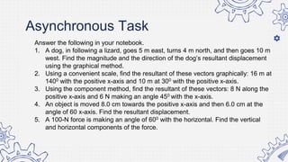 Asynchronous Task
Answer the following in your notebook.
1. A dog, in following a lizard, goes 5 m east, turns 4 m north, and then goes 10 m
west. Find the magnitude and the direction of the dog’s resultant displacement
using the graphical method.
2. Using a convenient scale, find the resultant of these vectors graphically: 16 m at
1400 with the positive x-axis and 10 m at 300 with the positive x-axis.
3. Using the component method, find the resultant of these vectors: 8 N along the
positive x-axis and 6 N making an angle 450 with the x-axis.
4. An object is moved 8.0 cm towards the positive x-axis and then 6.0 cm at the
angle of 60 x-axis. Find the resultant displacement.
5. A 100-N force is making an angle of 600 with the horizontal. Find the vertical
and horizontal components of the force.
 