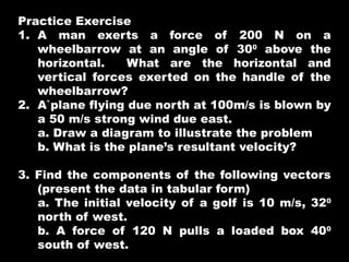 Practice Exercise
1. A man exerts a force of 200 N on a
wheelbarrow at an angle of 300
above the
horizontal. What are the horizontal and
vertical forces exerted on the handle of the
wheelbarrow?
2. A`plane flying due north at 100m/s is blown by
a 50 m/s strong wind due east.
a. Draw a diagram to illustrate the problem
b. What is the plane’s resultant velocity?
3. Find the components of the following vectors
(present the data in tabular form)
a. The initial velocity of a golf is 10 m/s, 320
north of west.
b. A force of 120 N pulls a loaded box 400
south of west.
 