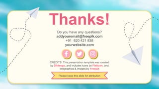 CREDITS: This presentation template was created
by Slidesgo, and includes icons by Flaticon, and
infographics & images by Freepik
Do you have any questions?
addyouremail@freepik.com
+91 620 421 838
yourwebsite.com
Thanks!
Please keep this slide for attribution
 