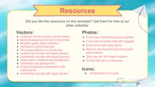 Photos:
● Front view school kids posing together
● Front view of smiley child with luggage
● Small school girl copy space
● Medium shot beautiful girl posing with
paper planes
● Side view girl with paper airplane
● Smiley little girl in a red dress
Icons:
● Kindergarten icon pack
Resources
Vectors:
● Collection of hand drawn colored ribbon
● Blurred background of sky in blue tones
● Realistic paper plane collection
● Flat back to school banners
● Pink paper planes in a cloudy sky
● Leadership concept and paper planes I
● Leadership concept with paper planes II
● Paper plane children's day background
● Valentine's day background
● Original leadership composition with
paper planes
● Leadership concept with paper planes
Did you like the resources on this template? Get them for free at our
other websites:
 