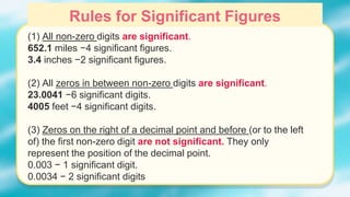Rules for Significant Figures
(1) All non-zero digits are significant.
652.1 miles −4 significant figures.
3.4 inches −2 significant figures.
(2) All zeros in between non-zero digits are significant.
23.0041 −6 significant digits.
4005 feet −4 significant digits.
(3) Zeros on the right of a decimal point and before (or to the left
of) the first non-zero digit are not significant. They only
represent the position of the decimal point.
0.003 − 1 significant digit.
0.0034 − 2 significant digits
 