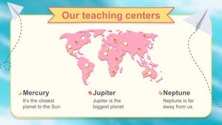 Our teaching centers
Mercury
It’s the closest
planet to the Sun
Jupiter
Jupiter is the
biggest planet
Neptune
Neptune is far
away from us
 