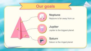 Our goals
Jupiter
Jupiter is the biggest planet
Neptune
Neptune is far away from us
Saturn
Saturn is the ringed planet
 