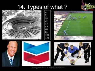 14. Types of what ?
                         4
                         9
                         16
                         25
                         36
                         49
                         64
                         81
                         100
                         121




     So long and thanks for all the FISH – Team Atharva
 