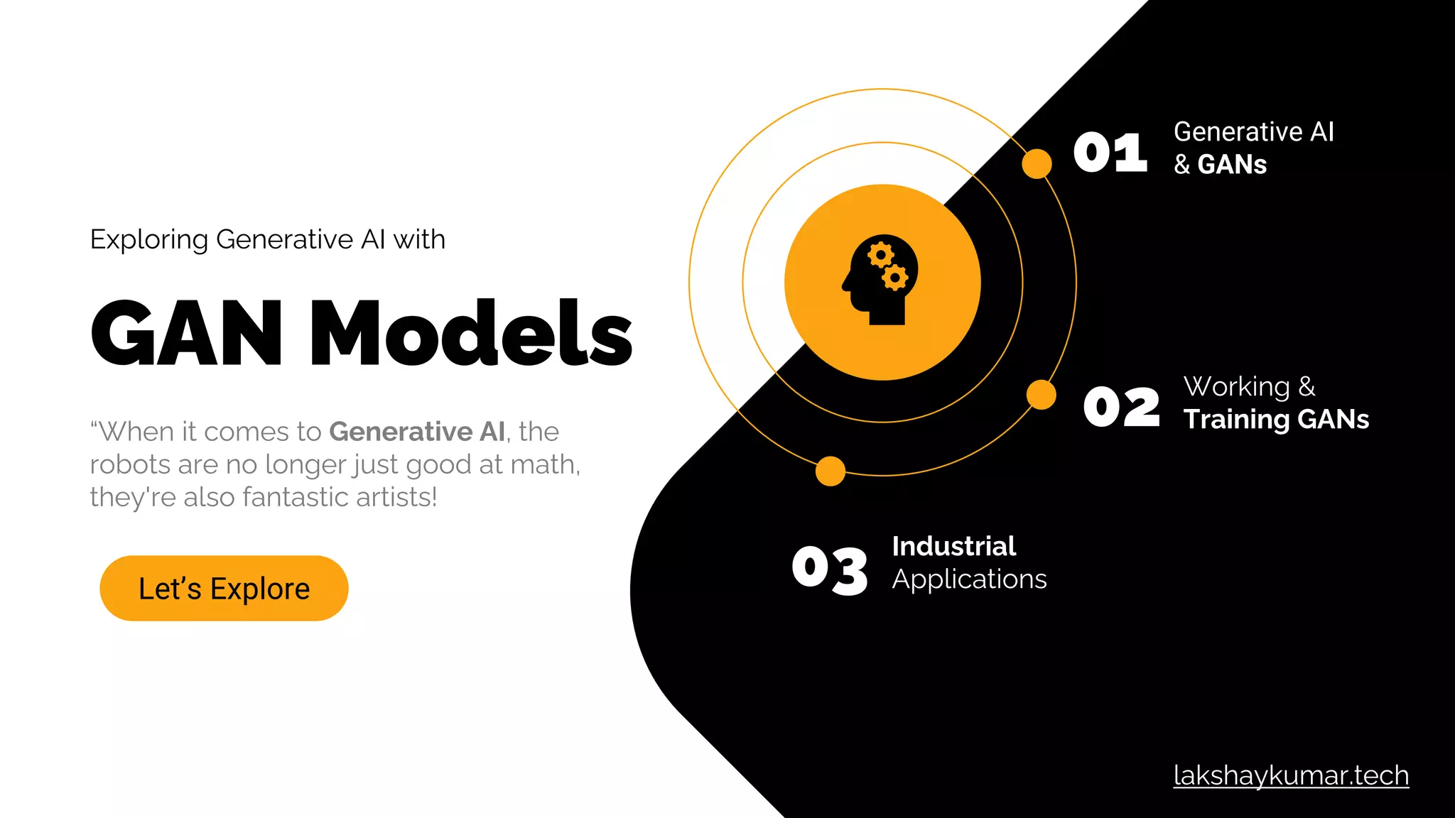 Exploring Generative AI with
GAN Models
“When it comes to Generative AI, the
robots are no longer just good at math,
they're also fantastic artists!
Let’s Explore
01 Generative AI
& GANs
02 Working &
Training GANs
03 Industrial
Applications
lakshaykumar.tech
 
