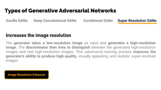 Types of Generative Adversarial Networks
Vanilla GANs Deep Convolutional GANs Conditional GANs Super Resolution GANs
Increases the image resolution
The generator takes a low-resolution image as input and generates a high-resolution
image. The discriminator then tries to distinguish between the generated high-resolution
images and real high-resolution images. This adversarial training process improves the
generator's ability to produce high-quality, visually appealing, and realistic super-resolved
images
Image Resolution Enhancer
 