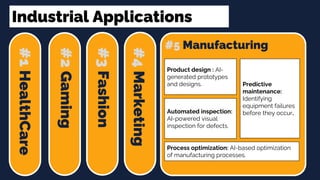 Industrial Applications
#1
HealthCare
#2
Gaming
#3
Fashion
#4
Marketing
#5 Manufacturing
Process optimization: AI-based optimization
of manufacturing processes.
Product design : AI-
generated prototypes
and designs.
Automated inspection:
AI-powered visual
inspection for defects.
Predictive
maintenance:
Identifying
equipment failures
before they occur.
 