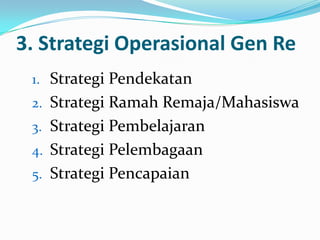 3. Strategi Operasional Gen Re
 1. Strategi Pendekatan
 2. Strategi Ramah Remaja/Mahasiswa
 3. Strategi Pembelajaran
 4. Strategi Pelembagaan
 5. Strategi Pencapaian
 