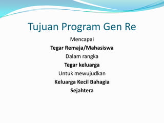 Tujuan Program Gen Re
            Mencapai
    Tegar Remaja/Mahasiswa
          Dalam rangka
          Tegar keluarga
       Untuk mewujudkan
      Keluarga Kecil Bahagia
            Sejahtera
 