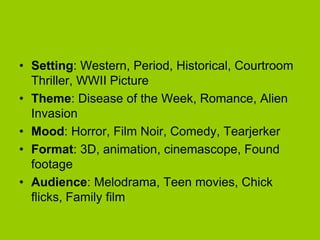 • Setting: Western, Period, Historical, Courtroom
  Thriller, WWII Picture
• Theme: Disease of the Week, Romance, Alien
  Invasion
• Mood: Horror, Film Noir, Comedy, Tearjerker
• Format: 3D, animation, cinemascope, Found
  footage
• Audience: Melodrama, Teen movies, Chick
  flicks, Family film
 