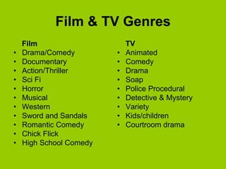 Film & TV Genres
    Film                     TV
•   Drama/Comedy         •   Animated
•   Documentary          •   Comedy
•   Action/Thriller      •   Drama
•   Sci Fi               •   Soap
•   Horror               •   Police Procedural
•   Musical              •   Detective & Mystery
•   Western              •   Variety
•   Sword and Sandals    •   Kids/children
•   Romantic Comedy      •   Courtroom drama
•   Chick Flick
•   High School Comedy
 