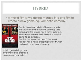 HYBRID
• A hybrid film is two genres merged into one film to
create a new genre eg. Romantic comedy.
t
This film is a clear hybrid of horror comedy.
We know this by the familiar comedy style
actors and the image has a funny side to it.
Also the costume as he is in a suit shows it is
going to be different.
The title “shaun of the dead” the word
“dead” has a hand creeping out of it which
portrays it as scary and creepy.
Hybrid genre brings new
audiences and creates a
completely new style.
 