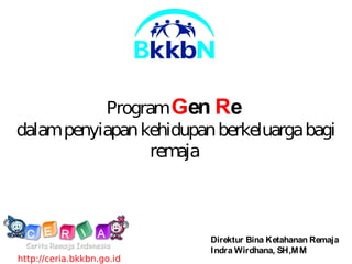 ProgramGen Re
dalampenyiapankehidupanberkeluargabagi
remaja
Direktur Bina Ketahanan Remaja
Indra Wirdhana, SH,MM
http://ceria.bkkbn.go.id
 