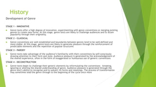 History
Development of Genre
STAGE 1 - INNOVATIVE
 Genre texts offer a high degree of innovation, experimenting with genre conventions or merging existing
genres to create new forms. At this stage, genre texts are likely to challenge audiences and to attain
popularity through their originality.
STAGE 2 - CLASSICAL
 Genre conventions are well established and boundaries between genres tend to be well-defined and
more stable. At this stage, genre texts are likely to generate pleasure through the reinforcement of
predictable elements and the repetition of popular structures
STAGE 3 - PARODY
 Genre texts take advantage of the audience’s familiarity with their conventions by self-consciously
drawing attention to their form and style. Audience pleasure is generated by the acknowledgement of
the shared experience, often in the form of exaggerated or humourous use of generic conventions
STAGE 4 - DECONSTRUCTION
 Genre texts begin to challenge their generic elements by reformulating the conventions – breaking,
ignoring or altering the shared understanding of genre. Audience pleasure is generated through the
genre text’s ability to recognise and to subvert its forms and meanings. The process of transformation
may sometimes lead the genre through to the beginning of the cycle once more
 